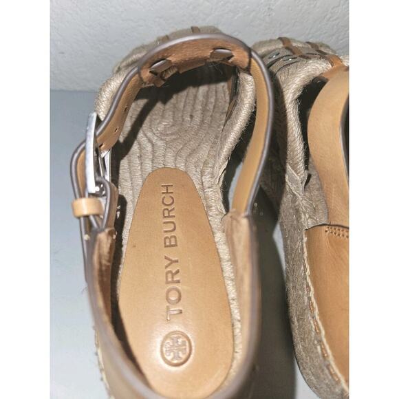 EUC TORY BURCH Fisherman Platform Espadrille Sandals Ivory Tan Leather Wedge 6.5 - Picture 8 of 12